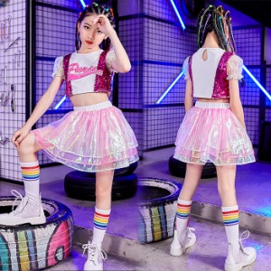 キッズ ダンス衣装 女の子 チアガール チア ダンス 衣装 キッズダンス スパンコール セットアップ ジャズダンス hiphop ダンスウェア ガ