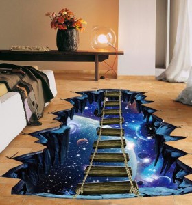 ウォールステッカー 銀河に架かる橋 宇宙散歩 3D 床用シール 惑星 天体 貼り直しできる 錯視 だまし絵 桟橋 渡し板 ドアの前 ベッド横