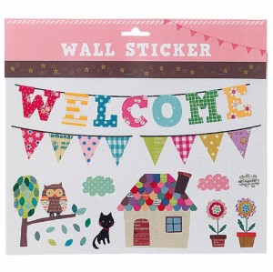ウォールステッカー ウェルカム 三角旗 はがせる 壁シール かわいい 家 黒猫 フクロウ 木 鉢植えの花 歓迎 ドア 玄関 賃貸部屋 送料無料