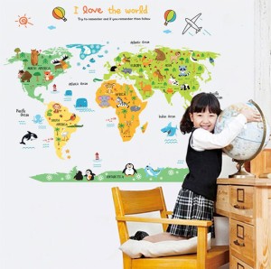 ウォールステッカー 動物 世界地図 壁シール カラーワールドマップ 気球 アジア かわいい パンダ 白熊 リムーバブル インテリアシール