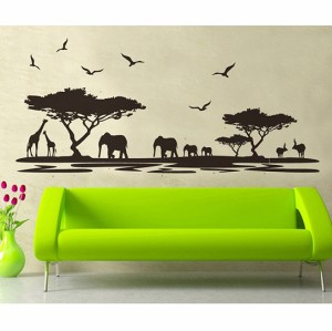 ウォールステッカー 大きい サファリ 黒色 デコレーションシール 象とキリン アフリカの動物 木 シルエット 壁に貼る サバンナ 模様替え