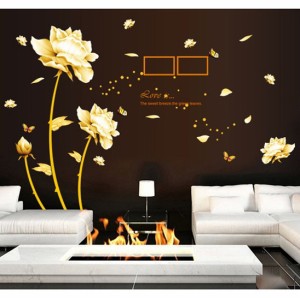 ウォールステッカー 黄金の花と蝶 フォトフレーム 壁紙シール おしゃれ 英文字 貼り方簡単 豪華絢爛 模様替え 手作り 思い出 部屋 玄関