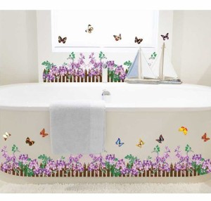 ウォールステッカー 紫の花と蝶々 ガーデン 壁シール 花壇風 クレマチス ちょうちょう パープル 部屋の模様替え 貼り直せる 壁ステッカー