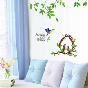 ウォールステッカー 青い鳥の巣とグリーンリーフ 壁シール 癒される 緑の葉 幸せ 英文字 引っ越し 新生活のお共に 可愛い 壁ステッカー