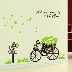 ウォールステッカー 三輪車と花かご 壁シール おしゃれな 自転車 love 英文字 かんたん貼付 はがせる ウォールペーパー シール