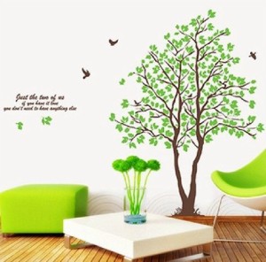 壁紙 シール 大判 グリーンリーフの木と小鳥 ウォールステッカー シンプル ツリー 外の景色 はがせる 葉っぱ 自然 インテリア 送料無料