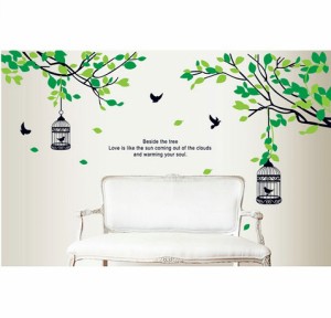 ウォールステッカー グリーンリーフの木と鳥かご 壁シール 大人気 鳥籠 癒される 緑葉 リビング 寝室に はがせる デコステッカー