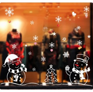 ウォールステッカー 2体の雪だるま クリスマスツリー 飾り付け シール 剥がせる 結晶のプレゼント 白色 ガラス戸 ショーウィンドー
