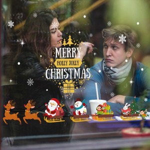 ウォールステッカー クリスマス サンタと仲間たち 英文字 デコシール 楽しい休暇 雪だるま ソリ トナカイ 雪の結晶 窓ガラス 室内壁に