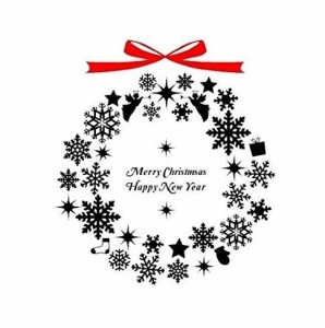 転写式 ウォールステッカー クリスマスリース デコレーションシール 赤 黒色 メリークリスマス 英文字 雪の結晶 ウィンターシーズン