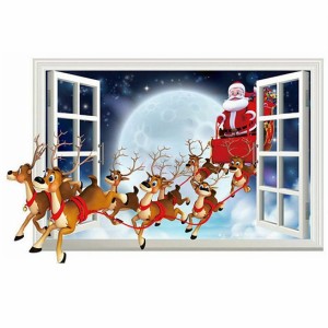 ウォールステッカー 窓 サンタクロースがやって来た ソリとトナカイ 3D壁シール クリスマス 聖夜の満月 プレゼント 張り付ける 装飾雑貨