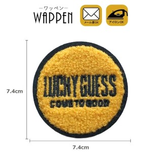 ワッペン 刺繍ワッペン 縦7.4cm×横7.4cm アイロン接着 ロゴ LUCKY GUESS 英語 アイロンワッペン 手芸 アップリケ もこもこ かわいい 母