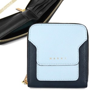 マルニ MARNI レディース 二つ折り財布 レザー ラウンドファスナーウォレット ライトブルー×ネイビー PFMOQ09U21 LV520 Z328C