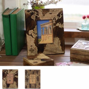 アンティーク 写真たて 木彫り サボテン 地図 プレゼント フォトフレーム アジアン雑貨