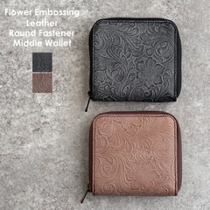 Re-ACT リアクト Flower Embossing Leather Round Fastener Middle Wallet 財布 コンパクト フラワーレザー 収納 ラウンドファスナー