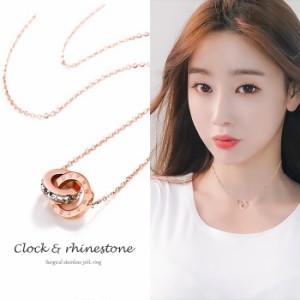 サージカルステンレスネックレス 『時計盤ストーン Clock & rhinestone』 316L ステンレス製 華奢ネックレス プリンセスネックレス　チョ