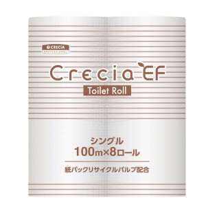 クレシアEF  トイレットロール 100m シングル　8ロール パルプ＋紙パック　リサイクルパルプ 100mシングル×8パック／ケース　10123