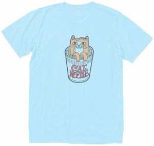 キャットヌードル　おもしろデザイン　Tシャツ　水色