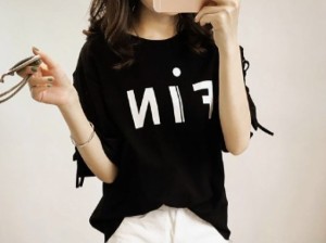 メール便 送料無料 大きいサイズ 新作 FIN プリント 袖 レースアップ デザイン Tシャツ ガーリー 半袖 トップス フリーサイズ セール 特