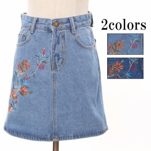 鮮やか 斜め 花柄 きれい 刺繍 デニム タイト スカート ミニ丈 デニムスカート フリーサイズ セール 特価 残りわずか