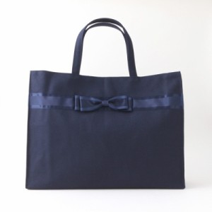 レッスンバッグ（横マチ）-リボン　　帆布　濃紺　日本製