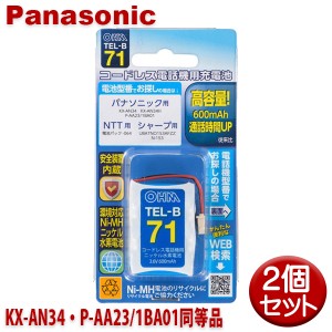 パナソニック用コードレス電話機 子機用充電池 2個セット KX-AN34・P-AA23/1BA01同等品 容量600mAh 05-0071 OHM TEL-B71 コードレスホン 