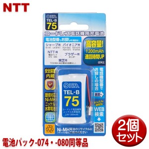 ＼ポイント5倍／NTT用コードレス電話機 子機用充電池 2個セット 電池パック-074・-080同等品 容量1200mAh 05-0075 OHM TEL-B75 コードレ