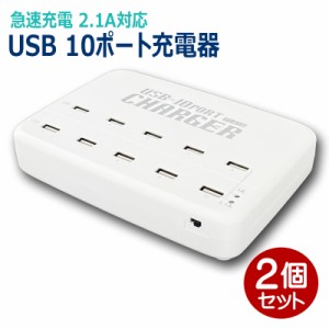 USB充電器 2個 USB10ポート 最大出力10A 1.2m USBコンセント 電源タップ USB-ACアダプアタ PSE認証 プラタ USB014-2P メール便送料無料