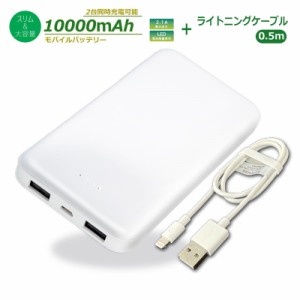 ＼ポイント5倍／Ric 薄型 大容量 モバイルバッテリー 10000mAh USB2ポート 2.1A出力 ホワイト ライトニングケーブル 0.5m付 PSE認証 MB00