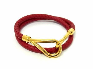 美品 HERMES エルメス チョーカー ジャンボ - レッド レザー ユニセックス ドゥブルトゥール 2連 ブレスレット ゴールド金具 編込み【本