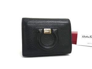 フェラガモ 二つ折り財布 ガンチーニ 黒 総柄 キャンバス×レザー