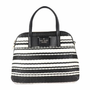 超美品 Kate Spade ケイトスペード 2WAYバッグ PXRU5765 ハンドバッグ ストロー×レザー ブラック リボン ストライプ ボーダー ショルダ