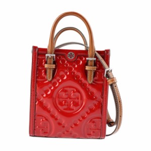 超美品 Tory Burch トリーバーチ ミニ パッフィ トート ハンドバッグ パテントレザー レッド系 2WAY ショルダーバッグ Tモノグラム 【本