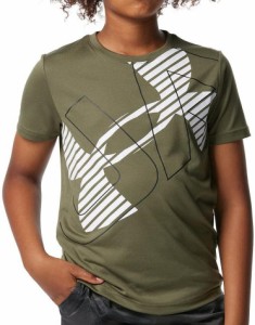 [アンダーアーマー] トレーニングT-シャツ UAテック ショートスリーブTシャツ 〈スーパービッグロゴ〉 ボーイズ Marine OD Green White Y