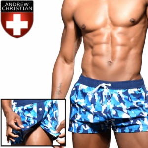 メンズ男性水着 海パン ボクサー ショート丈 トランクスAndrew Christian アンドリュークリスチャン スイムショーツ Blue Camo Snap (791