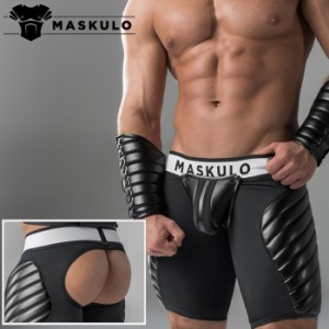 男性用ボクサーパンツ ケツワレ ジョックストラップ メンズ レザー風 フェイクレザー Maskulo マスクロ Armored 太ももパッドＯバック (m