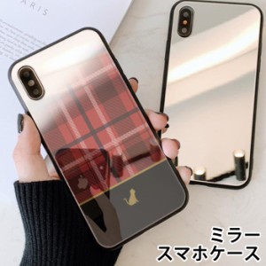 スマホケース ミラー 鏡面 ラウンド ガラス チェック柄 タータンチェック 猫 ネコ iphone13 iphoneSE iphone8 iPhoneケース TPU ガラスケ