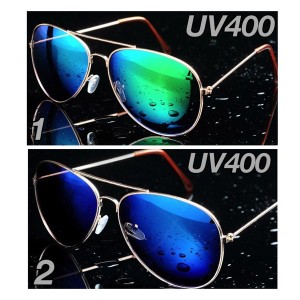 4 ティアドロップ　サングラス　ゴールドフレーム　ブルー　蛍光　ミラーレンズ　 UV400　紫外線カット　日焼け対策　男女兼用　2Color