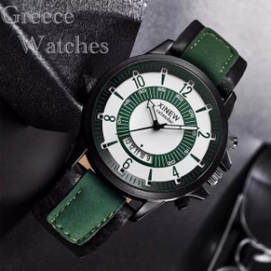 2 腕時計　ギリシャ文字 ツートン アナログ メンズ クォーツ 時計 高品質 レザー ファッション時計 オシャレ ウォッチ ブラックグリーン
