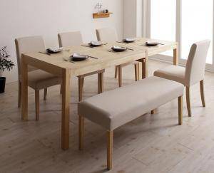 ダイニングテーブルセット 6人用 椅子 ベンチ おしゃれ 伸縮式 伸長式 安い 北欧 食卓 6点 ( 机+チェア4+長椅子1 ) シンプル型 幅120-200