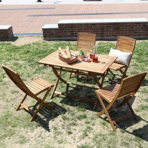 折り畳み チェア 5点セット 木製 パラソル可 四人 4人 ガーデンテーブル カフェテーブル BBQテーブル ガーデンチェア 椅子 イス いす バ
