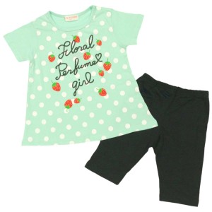 女の子キッズTシャツ＆ハーフパンツ 半袖セットアップ 苺 ドット柄 女児 子供用 AラインTシャツ A柄-ミント 110cm/120cm/130cm