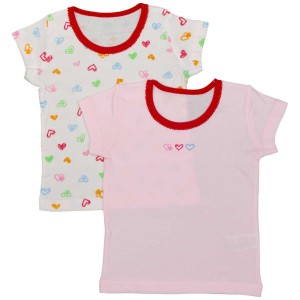 女の子 綿１００％ 肌着半袖丸首シャツ２枚組 ハート柄 フライスシャツ インナー 柄違いシャツ２枚組 ピンク-ホワイト 80cm/90cm/95cm