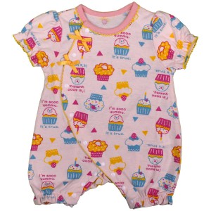 女の子 ベビー フィットオール 前開き 半袖 天竺素材 新生児 カップケーキ柄 半袖 肌着 下着 赤ちゃん PK-ピンク 50-60cm/60-70cm