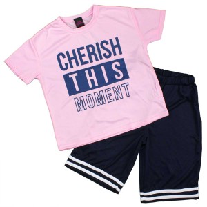 女の子 キッズ Tシャツハーフパンツ 上下セット 英字ロゴ ロゴT Tスーツ セットアップ 女児 ピンク-ネイビー 140cm/150cm/160cm