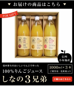 りんごジュース 果汁100％  1,000ml×３本《ご贈答用/化粧箱入り》　しなの３兄弟　送料込み シナノスイート、シナノゴールド、秋映、林