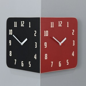 電波時計 Morden Retro Round Corner Clock (Black&Red) コーナー両面時計 ハンドメード 木製両面壁掛け時計 