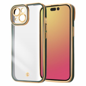 iPhone 15 ケース クリア グリーン ゴールド フレーム アイフォン15 iPhone15 耐衝撃 カメラ保護 カバー ソフト ソフトケース スマホカバ