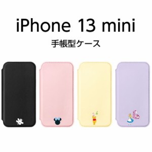 iPhone13mini ケース ディズニー 5.4inch ガラスフリップケース ミッキーマウス / ブラック アイフォン13mini カバー