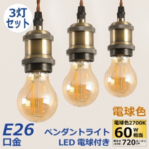 ペンダントライト 3灯セット E26口金 LED電球付き フィラメント電球 60W形相当 電球色 電球ソケット 照明器具 ダクトレール用 天井照明 